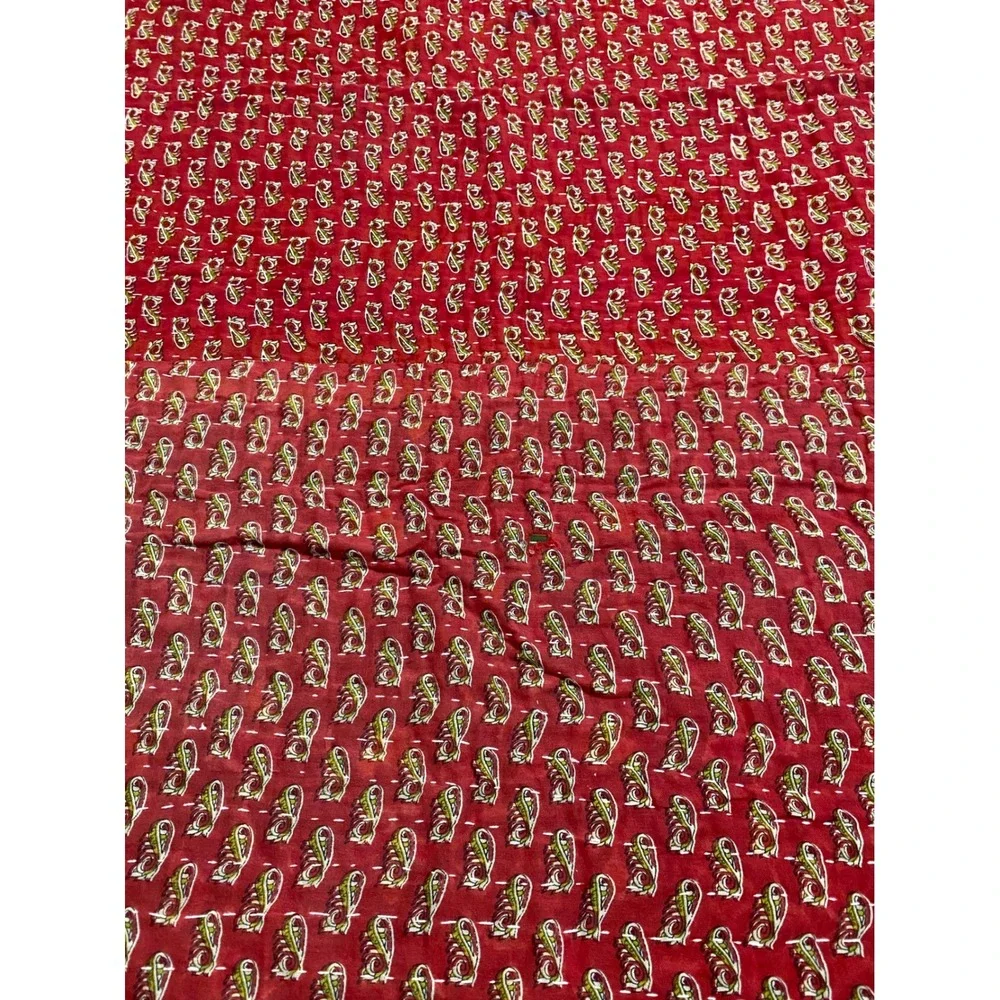 Kantha Quilt Hand Stitched Paisley Cotton Throw Blanket Reversible Blue Red Gold